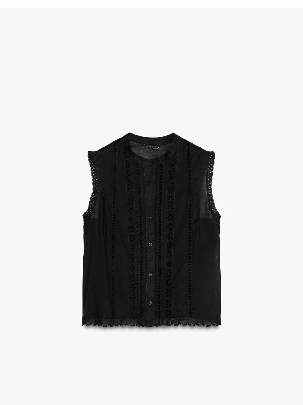 Zara Black Sleeveless Lace-Trim Button-Up Top